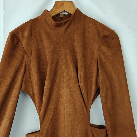 House Of CB London Brown Suede Midi Dress High Neck Cutout Slit Size Small - Picture 9 of 16
